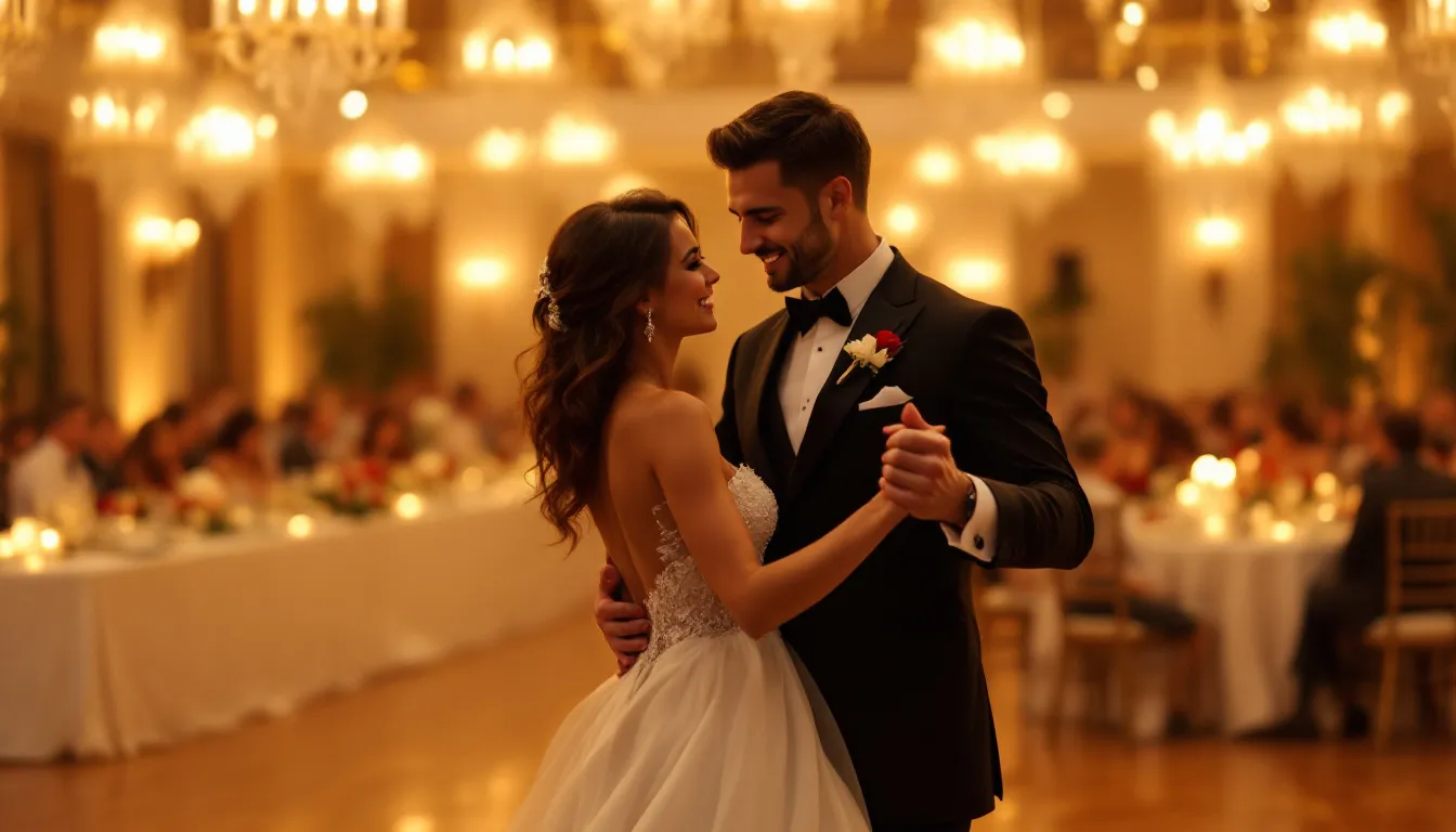 A romantic wedding scene featuring a couple dancing to iconic wedding love songs.