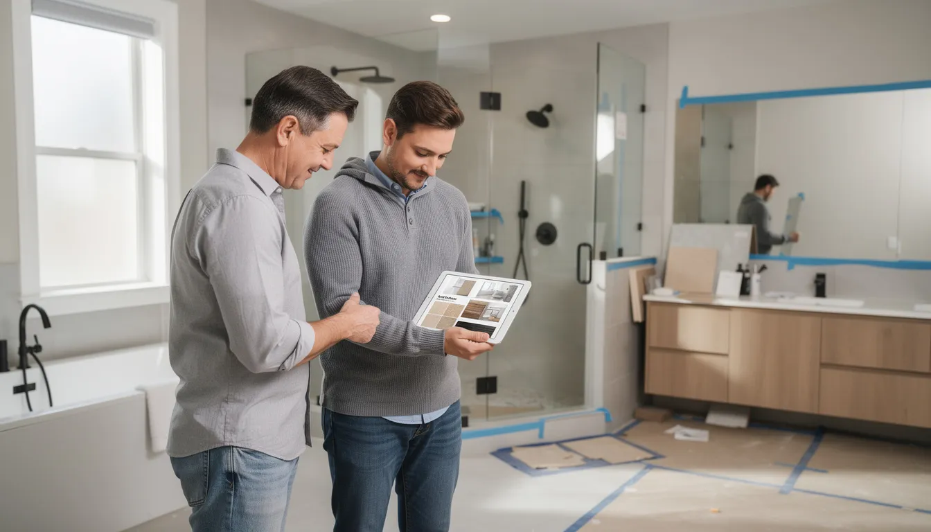 A homeowner and a consultant are reviewing various bathroom design options on a tablet, discussing ideas for a bathroom remodel that includes features like walk-in showers and accessible fixtures. The scene captures the collaborative process of creating a fresh layout for the space, emphasizing the importance of style and safety in the renovation.