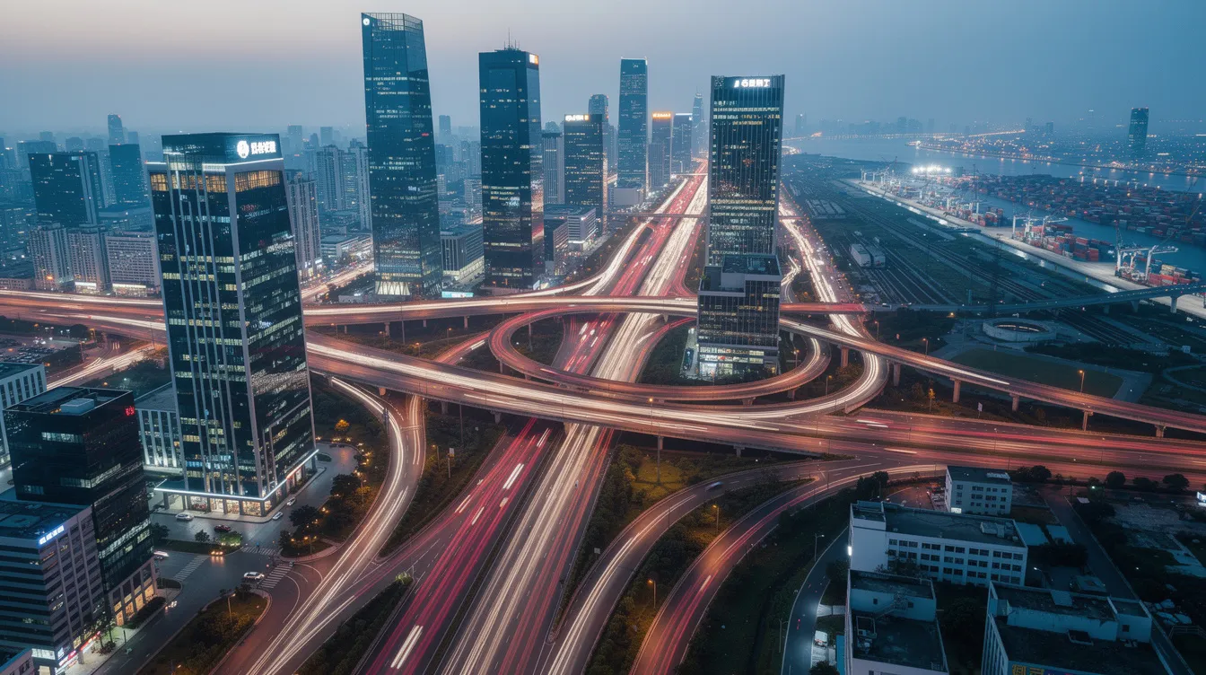 La imagen muestra un paisaje urbano moderno con una red de carreteras y puentes interconectados, que simbolizan las diversas vías comerciales que mejoran la experiencia del cliente. Esta animada escena urbana refleja la importancia de los múltiples canales en una estrategia comercial exitosa, e ilustra cómo las empresas pueden captar la atención de los clientes y satisfacer sus expectativas de forma eficaz.