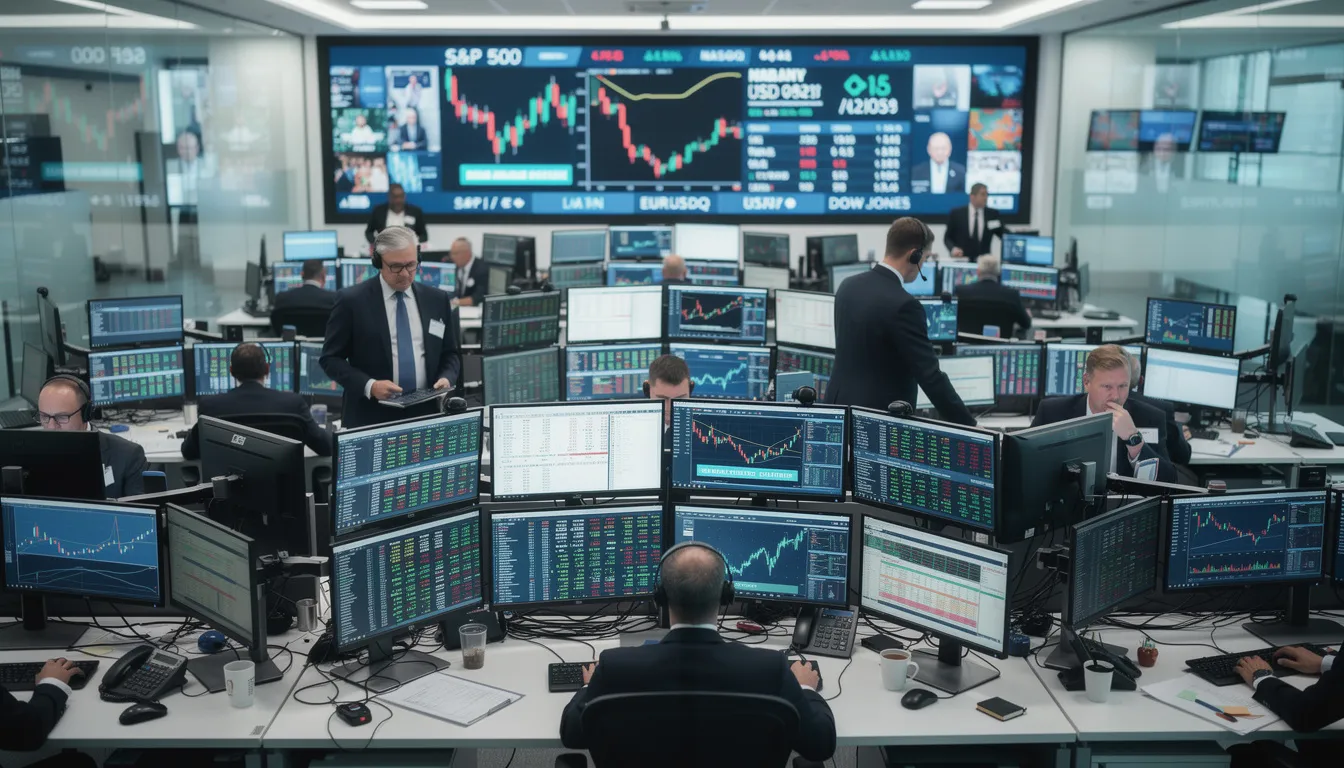 The image depicts a bustling financial trading floor filled with traders actively monitoring multiple screens displaying stock prices and market data. This scene reflects the current AI boom and the significant role of tech companies and AI startups in the evolving stock market landscape.