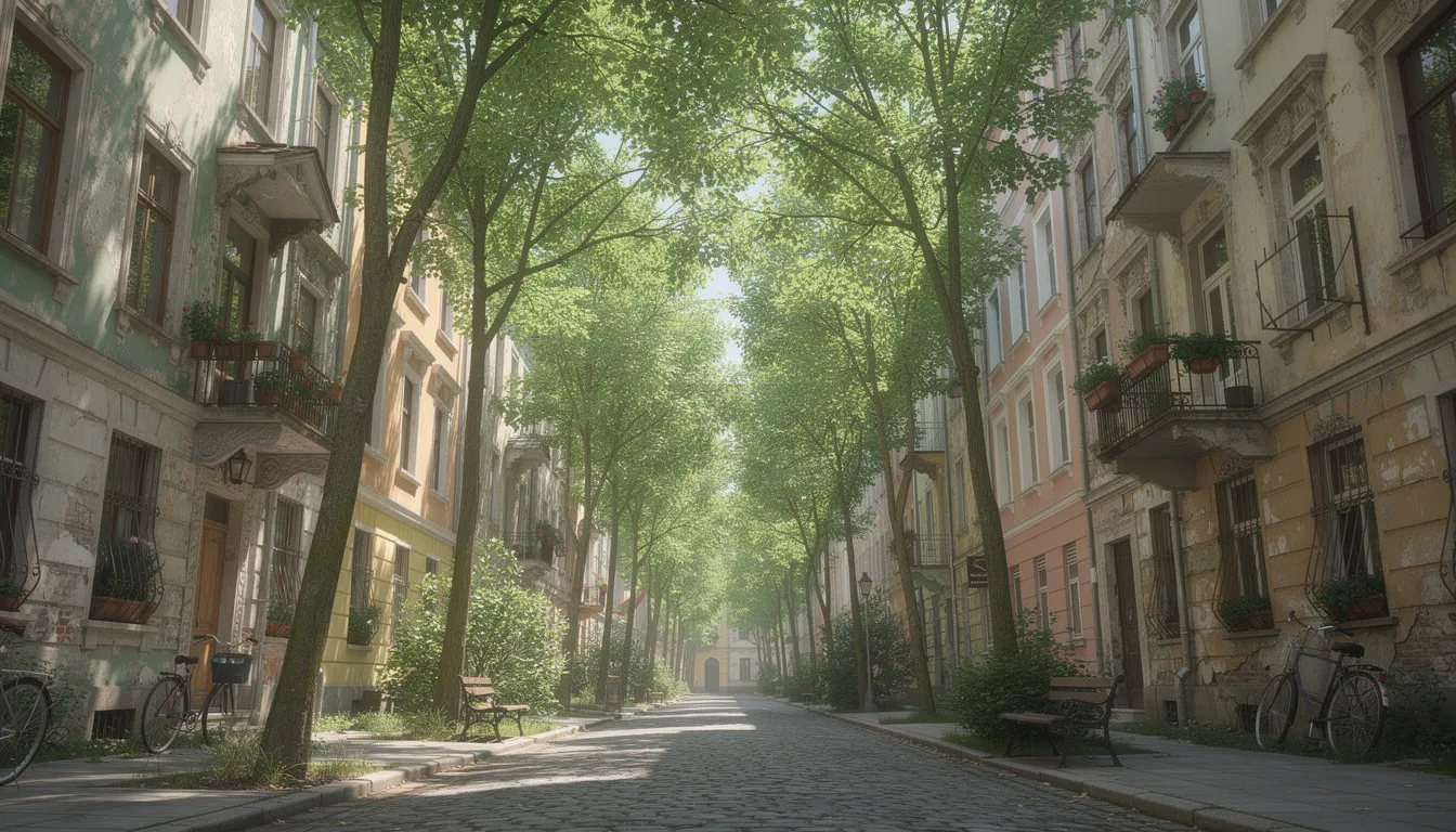 Na zielonej alei rosną wysokie drzewa, a w tle widać urokliwe, stare kamienice charakterystyczne dla dzielnicy Stary Żoliborz w Warszawie. To miejsce emanuje klimatem przedwojennym, idealnym dla osób szukających mieszkań na sprzedaż w tej wyjątkowej okolicy.