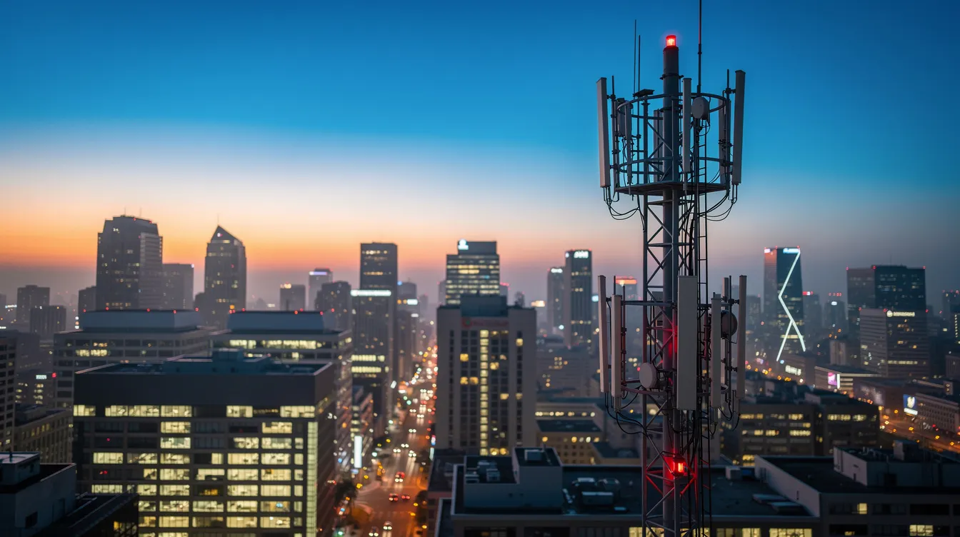 Ein moderner Mobilfunkmast ragt bei Sonnenuntergang vor einer städtischen Skyline auf und symbolisiert die entscheidende Rolle der Konnektivität in der heutigen Welt. Diese Infrastruktur unterstützt verschiedene Geräte und gewährleistet einen zuverlässigen Internetzugang und eine optimale Netzwerkleistung für Aktivitäten wie das Streamen von Videos und Online-Spiele.