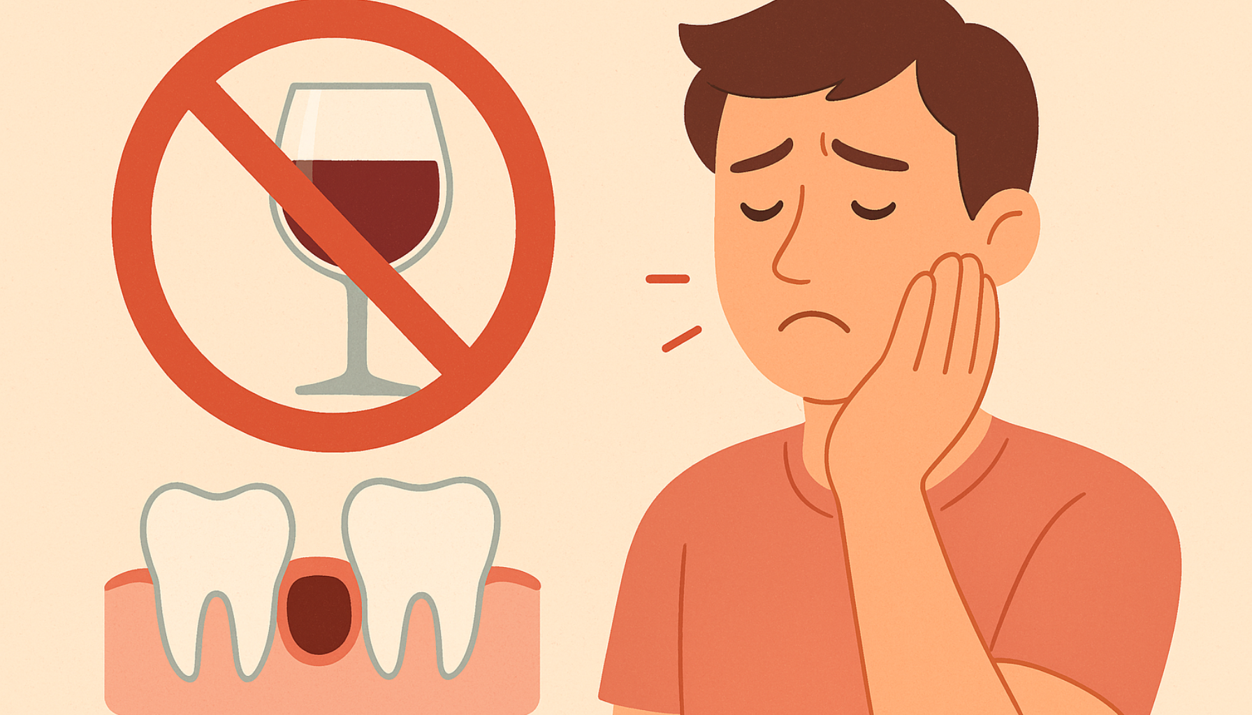 Alkohol etter tanntrekking Hvorfor du bør vente 10 Illustrasjon av person med tannverk og symbol som viser at alkohol bør unngås etter tanntrekking.