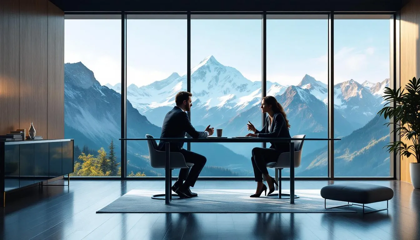 In a modern, upscale office, an experienced personal injury attorney meets with a client at a desk, discussing personal injury claims. The backdrop features majestic mountains, symbolizing the Colorado Springs area, while the atmosphere conveys a sense of professionalism and legal support for serious injuries and medical expenses.