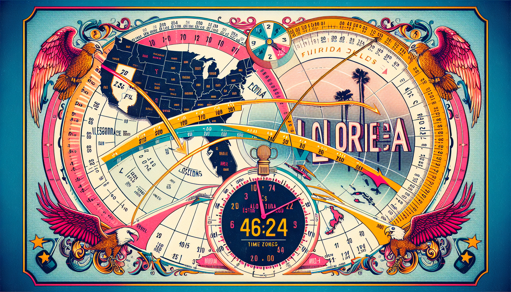 An illustration of flight distance and time zones between Florida and Los Angeles.