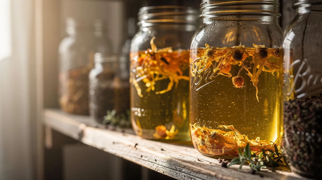 The image features glass mason jars filled with golden infused oils, showcasing dried flower petals steeping on a rustic wooden shelf, perfect for soap making and herbal infusions. These jars highlight the natural beauty of the infusion process, emphasizing the use of beneficial properties from herbs like lavender and chamomile.