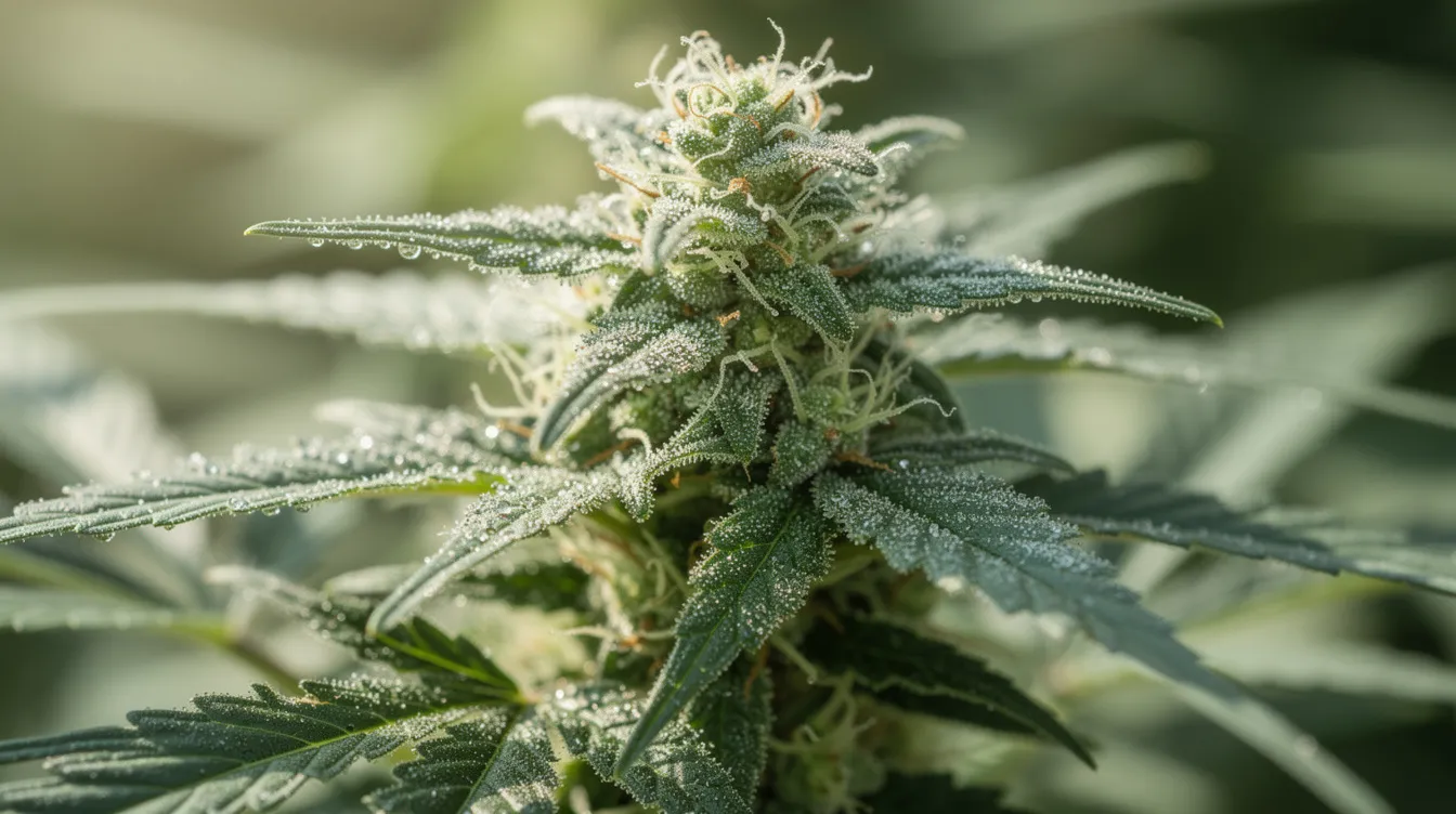 The image shows a close-up of a fresh green hemp plant, with vibrant leaves and glistening trichome crystals adorning the flower buds, highlighting its potential for hemp-derived products. This depiction underscores the legal status of hemp in New York, where regulations around cannabis management and hemp laws are evolving.