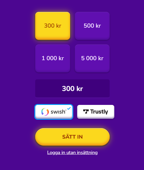 Insättning hos Happy Casino med valbara belopp samt betalningsmetoderna Swish och Trustly.