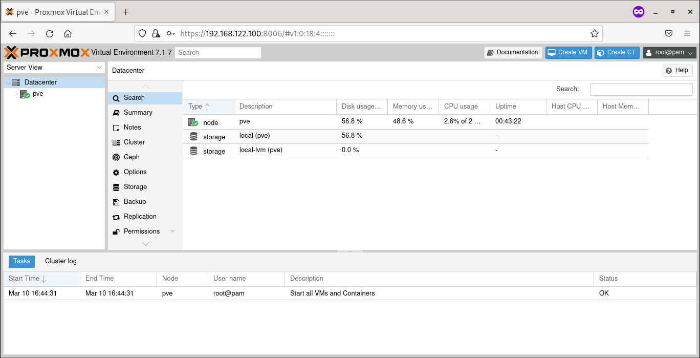 Proxmox dashboard