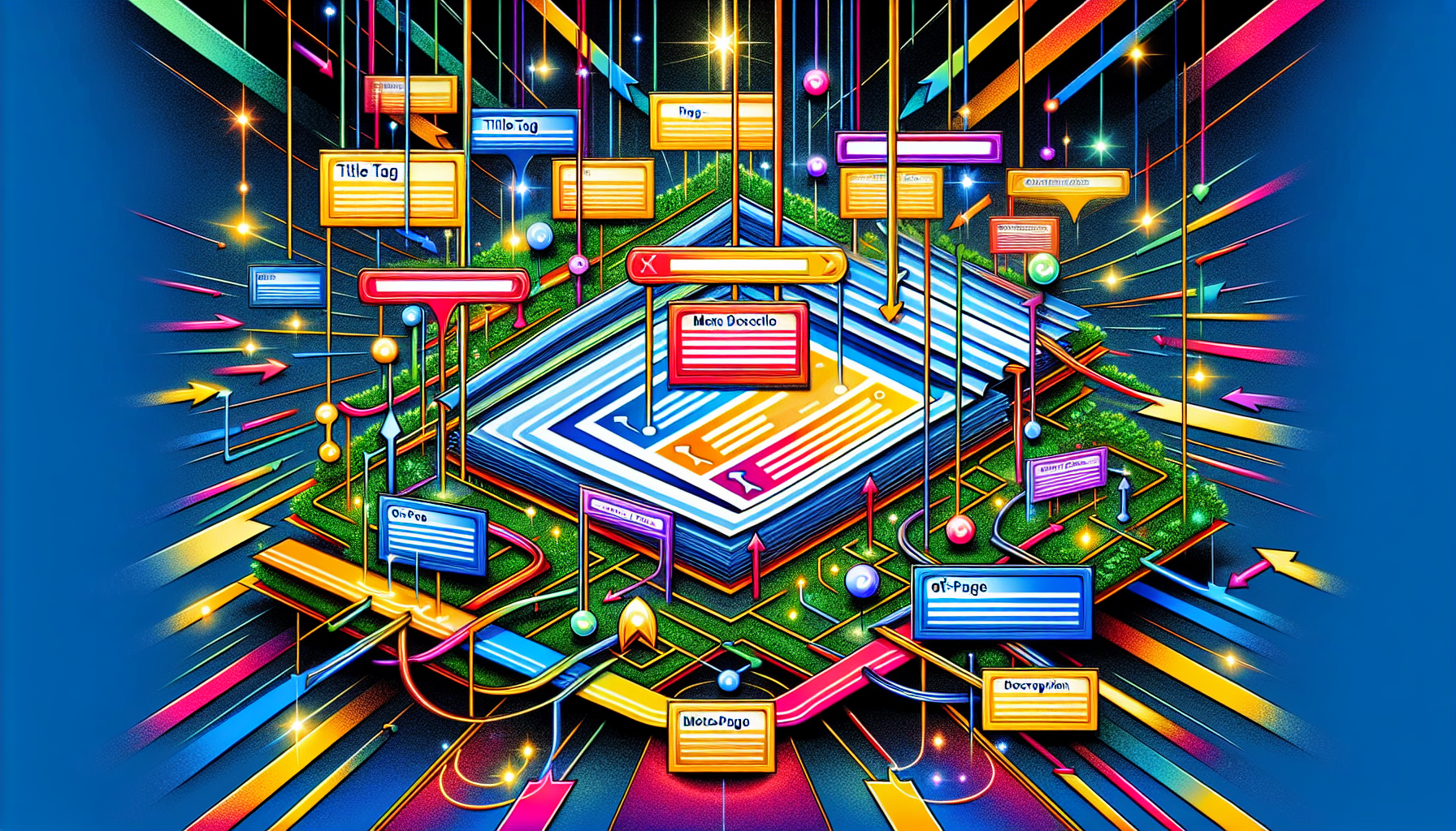 An illustration highlighting key elements of Google SEO, including on-page and off-page techniques.