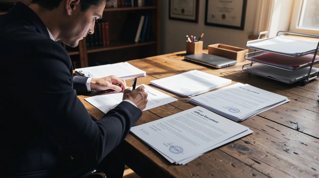 92ad55e6 ed17 4812 b234 41758fee66fc A person is seated at a wooden desk, signing papers with a pen while several official-looking documents, including a business plan and bank statements, are spread out in front of them. This scene reflects the process of applying for a mudra loan, emphasizing the importance of proper documentation and business viability for loan approval.
