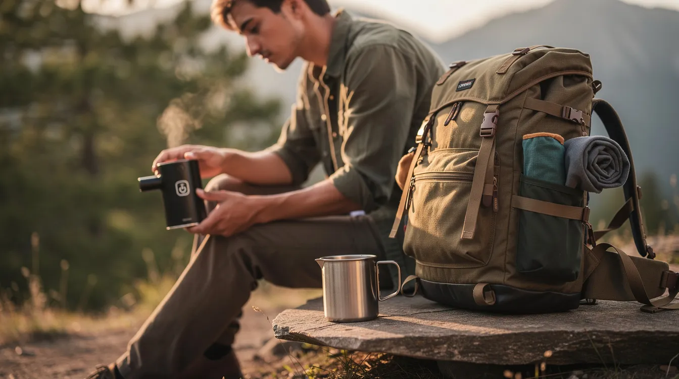 Una persona está utilizando una cafetera portátil eléctrica pequeña al aire libre, mientras se encuentra junto a una mochila de viaje. En el fondo se puede ver una tienda, sugiriendo un ambiente de camping.