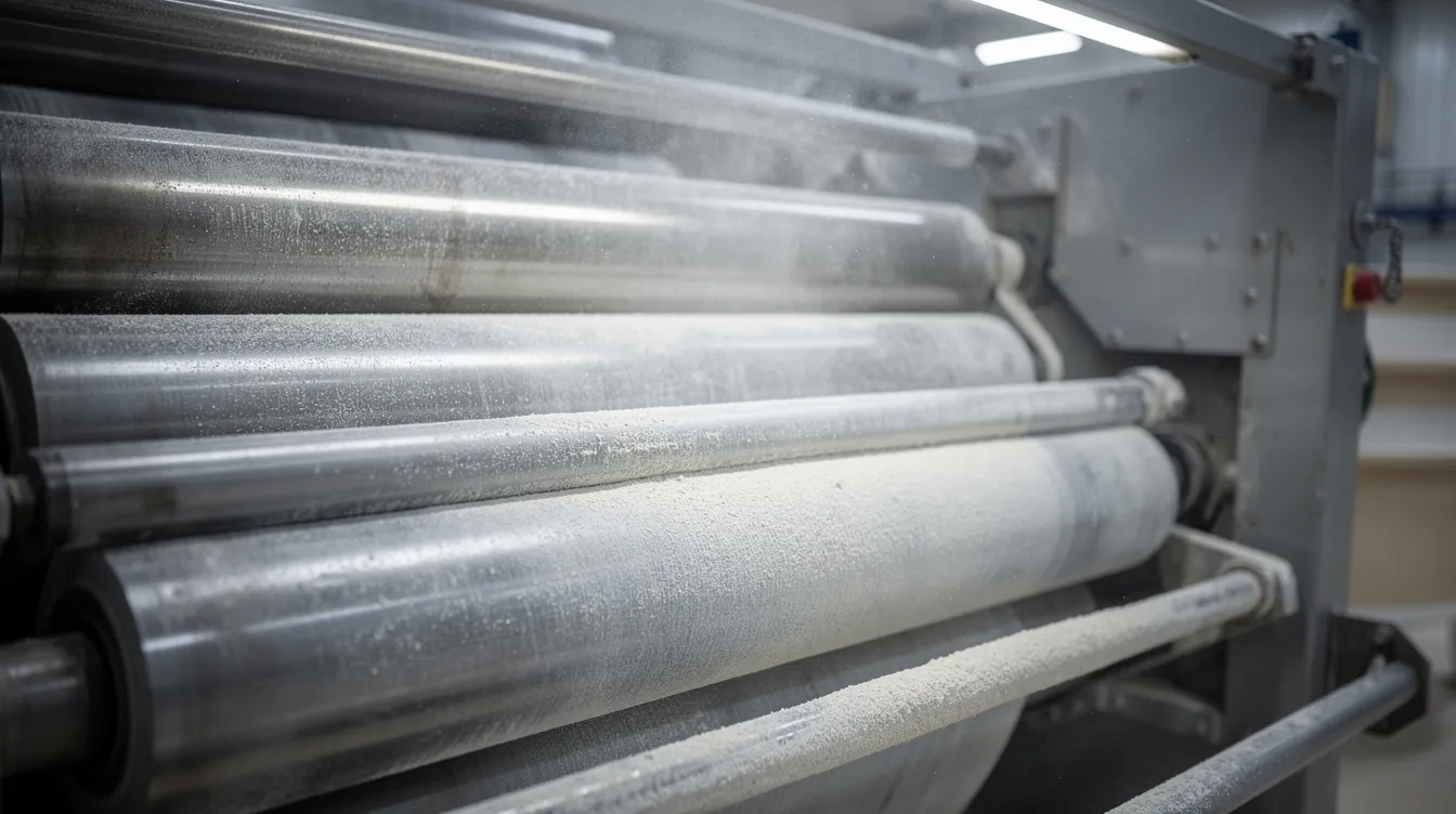 The image shows industrial steel rollers inside a flour milling machine, with a fine layer of flour dust visible in the air, illustrating the flour milling process. The rollers are crucial components of the roller flour mill, which efficiently grinds wheat into flour.