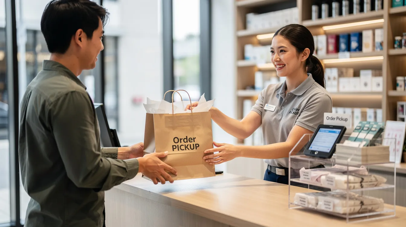 A retail employee is handing a shopping bag to a customer at a pickup counter in a brick and mortar store, highlighting the customer experience in physical retail locations. The interaction emphasizes the convenience of purchasing products in person, contrasting with online shopping.