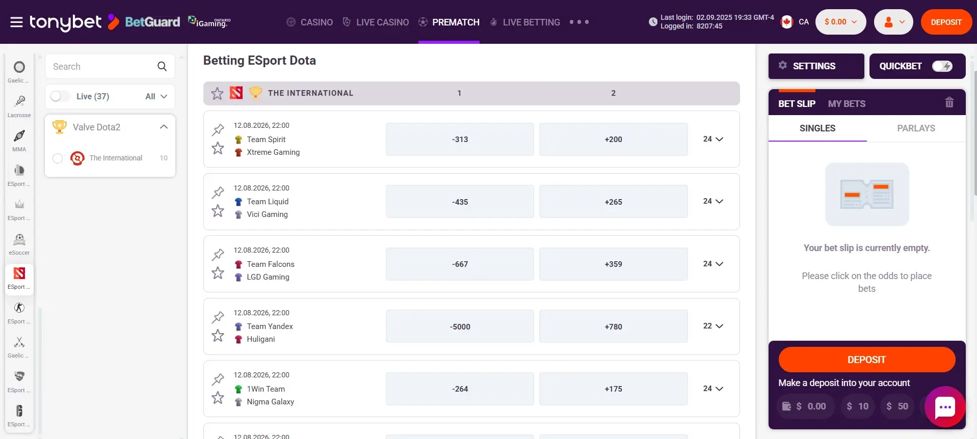 A desktop view screenshot of TonyBet's Dota 2 betting page.