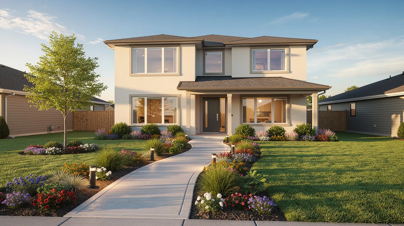 The image shows a charming residential property with a bright front yard and a well-maintained walkway leading to the entrance, highlighting the appeal of homeownership. This inviting exterior could inspire thoughts about home equity loans and potential home improvements.