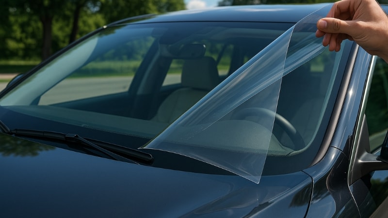 Windshield protection film is being applied on the windshield glass