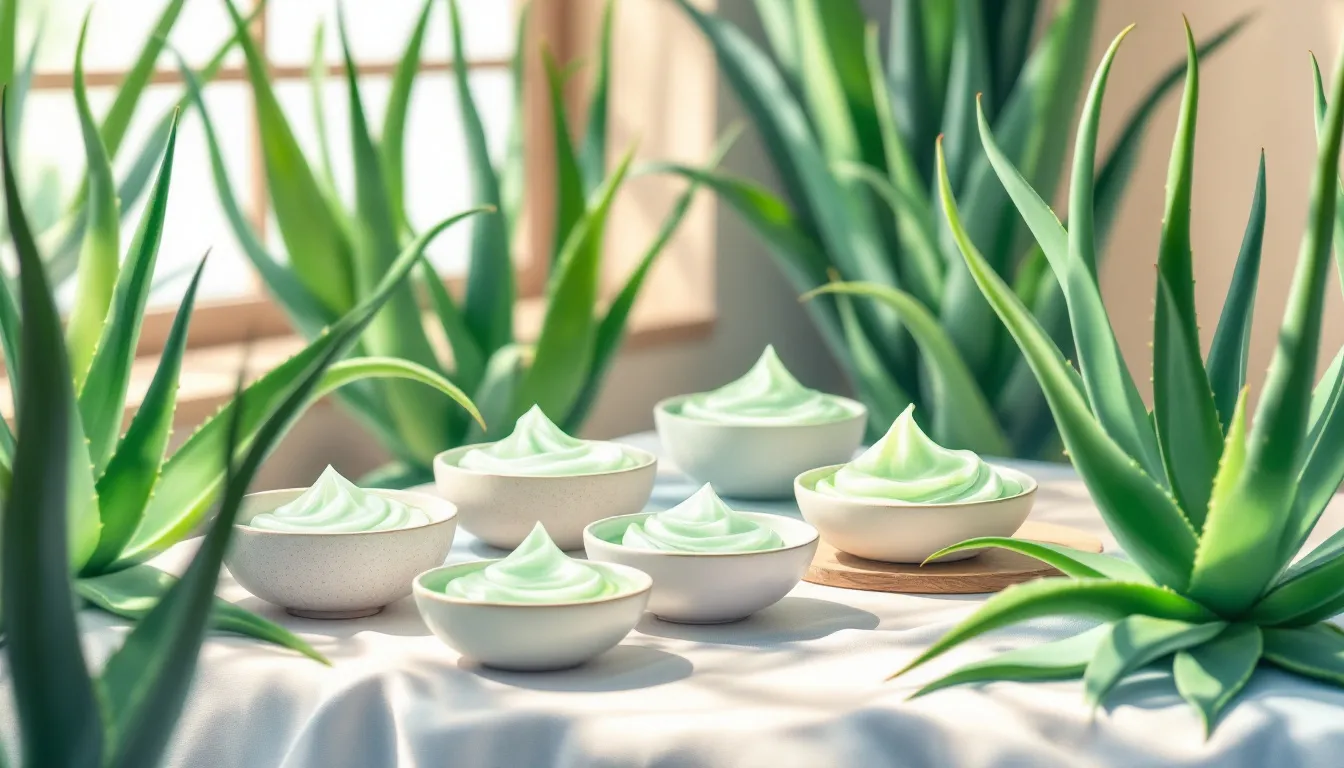 Different types of aloe vera face masks in various bowls, ready for application.