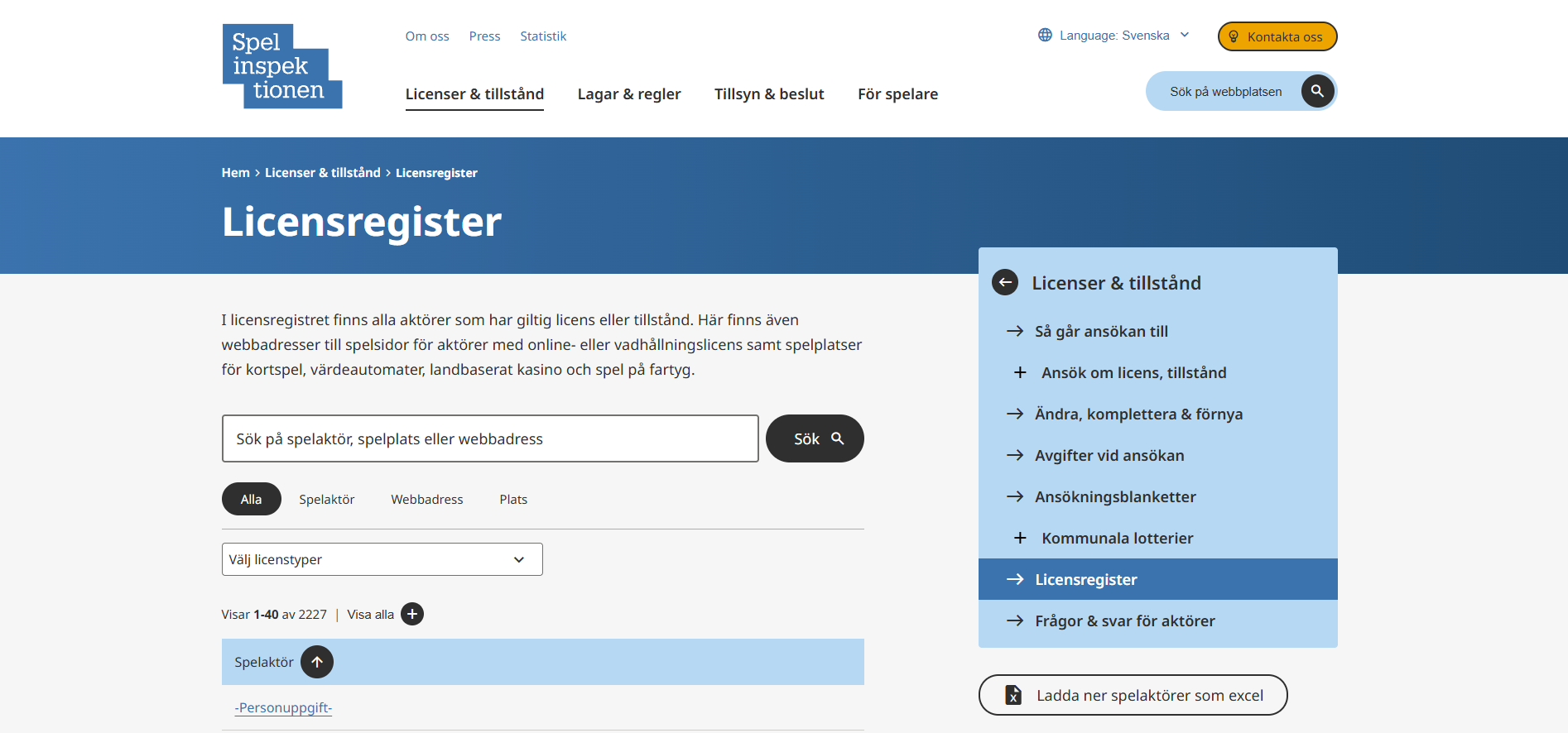 Spelinspektionens licensregister för spelbolag med svensk licens.