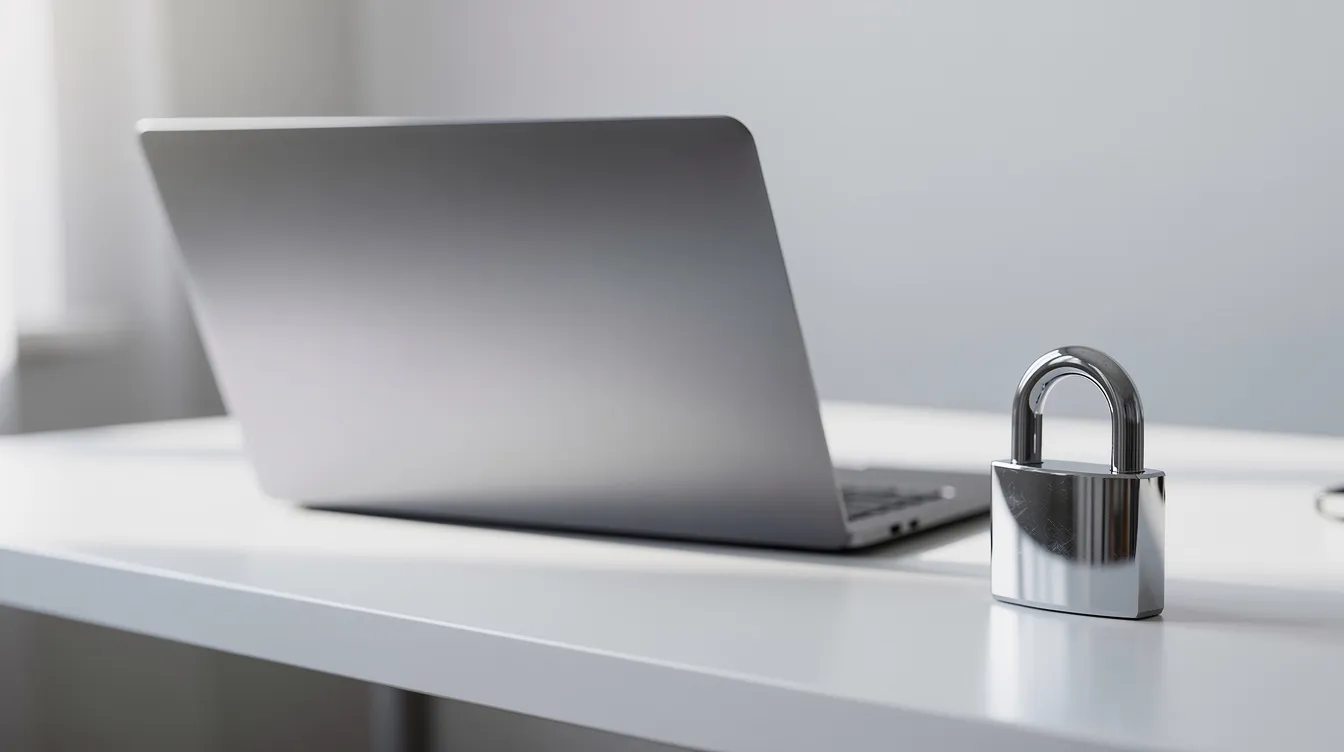 Ein Schloss-Symbol steht neben einem Laptop auf einem sauberen Schreibtisch und symbolisiert die Sicherheit beim Online-Banking. Diese Darstellung verdeutlicht die Bedeutung von Schutzmaßnahmen für Informationen und Transaktionen in einem Online-Konto.