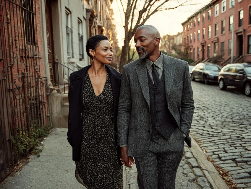 Black couple walking hand in hand on a quiet New York City street, showing emotional connection, mutual respect, and a secure partnership.