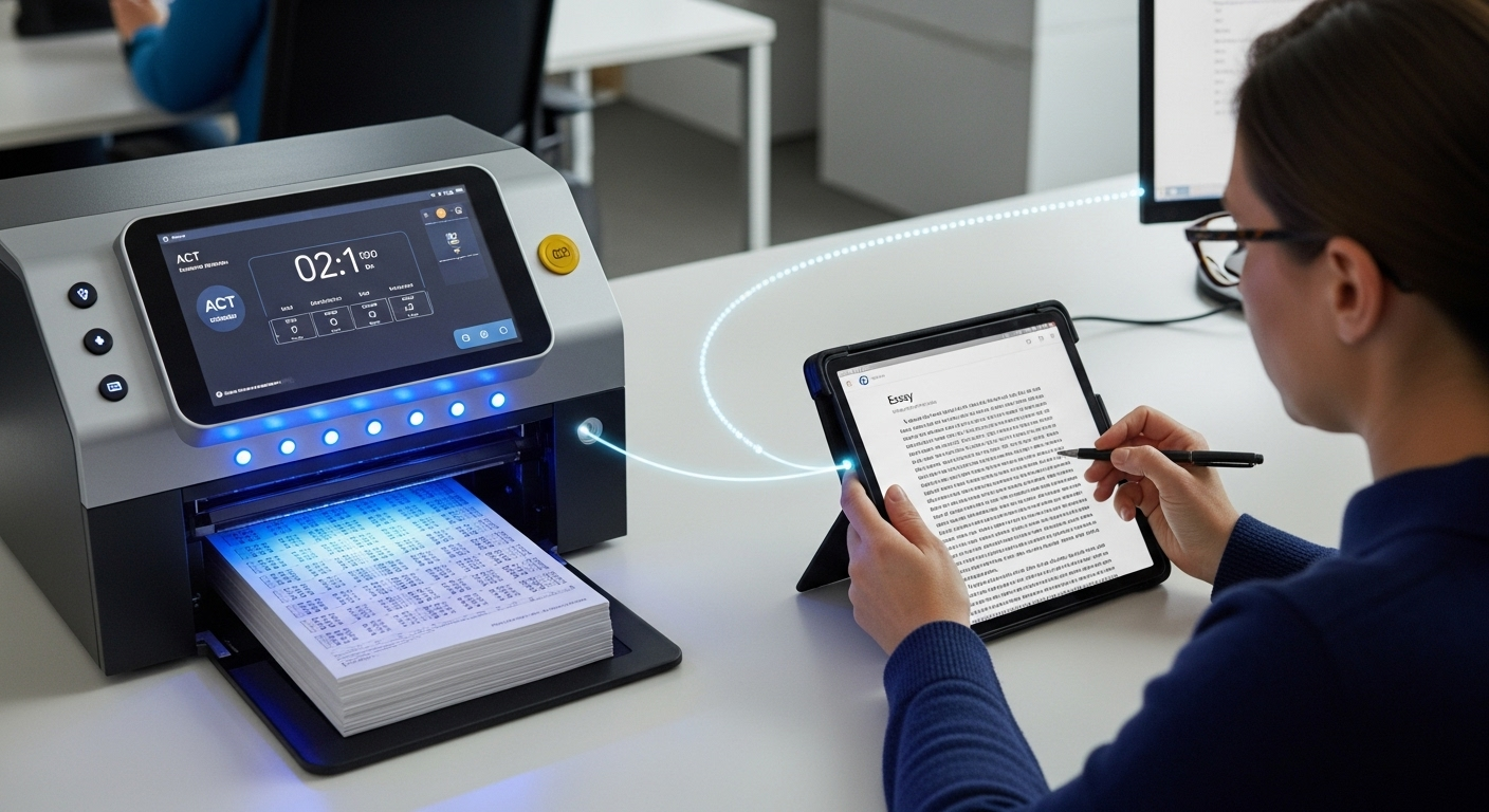 Hybrid ACT scoring workflow showing machine scoring for multiple-choice and human review for writing responses