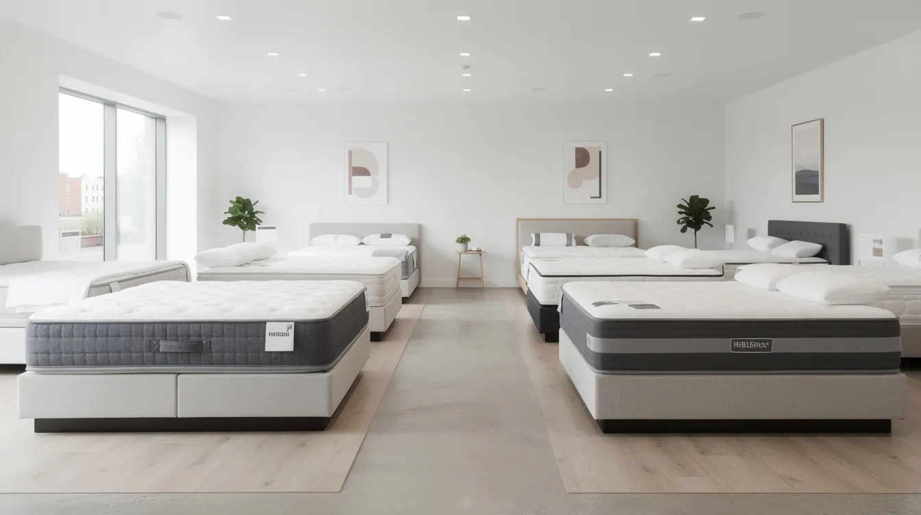 The image showcases multiple modern mattresses in a clean showroom, featuring various designs such as gel-infused memory foam and smart mattresses with adjustable firmness levels. This inviting sleep environment highlights the advanced technology and smart features aimed at enhancing sleep quality for all types of sleepers.