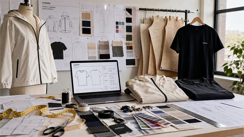Fully custom cut-and-sew clothing development with tech packs, patterns, fabric sourcing, trims, and prototypes