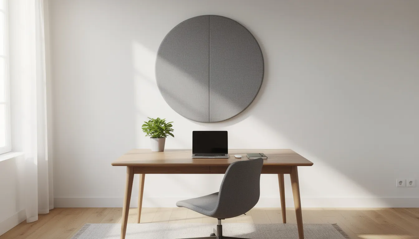 Een stijlvolle thuiswerkplek met een grijs akoestisch rond wandpaneel dat een natuurlijke uitstraling geeft, geplaatst achter een houten bureau. Dit unieke wandpaneel draagt bij aan de sfeer van de ruimte en fungeert als een eyecatcher in het interieur.
