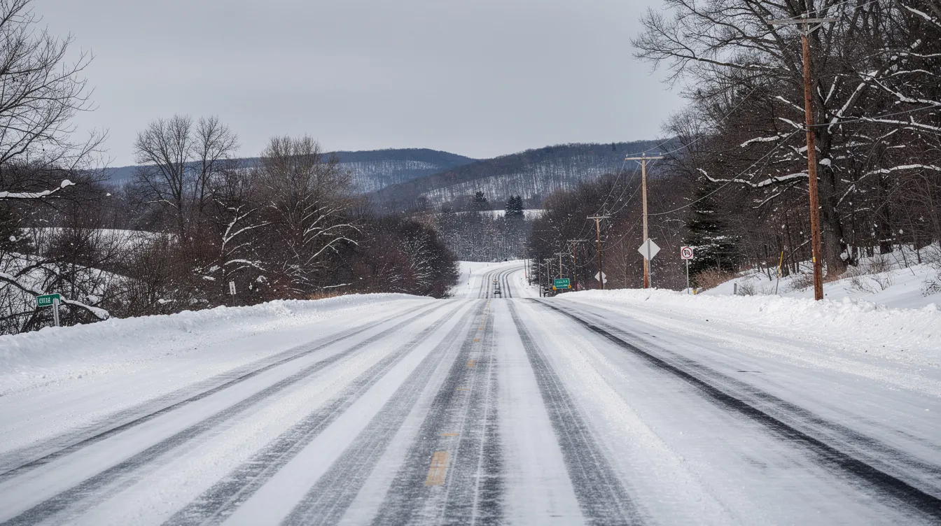 A snow-covered highway in New England features clear tire tracks, indicating recent vehicle movement. This serene winter scene highlights the importance of reliable auto transport services in regions like Massachusetts, especially during snowy conditions.