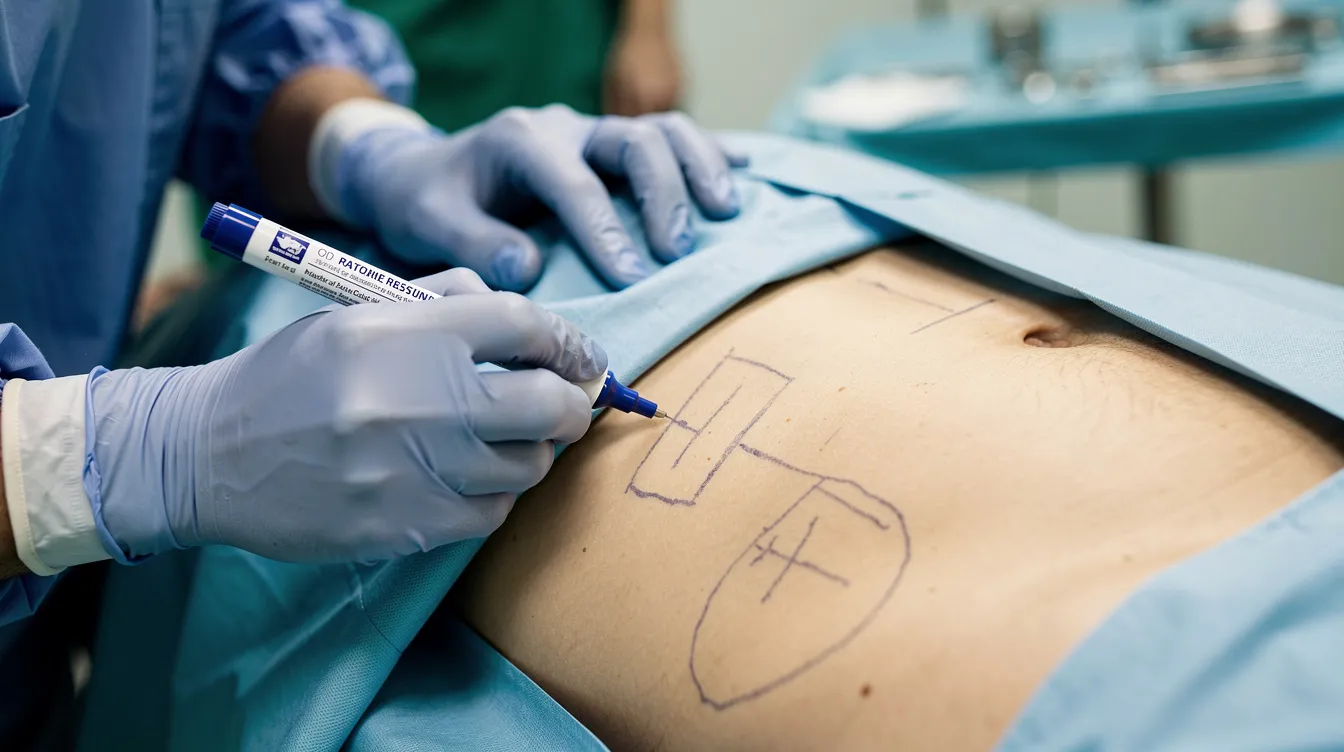 A board-certified plastic surgeon's hands are carefully marking specific areas on a patient's abdomen with a medical marker, preparing for a tummy tuck surgery. This procedure aims to address excess skin and stubborn fat, providing a flatter abdomen and improved body proportions.
