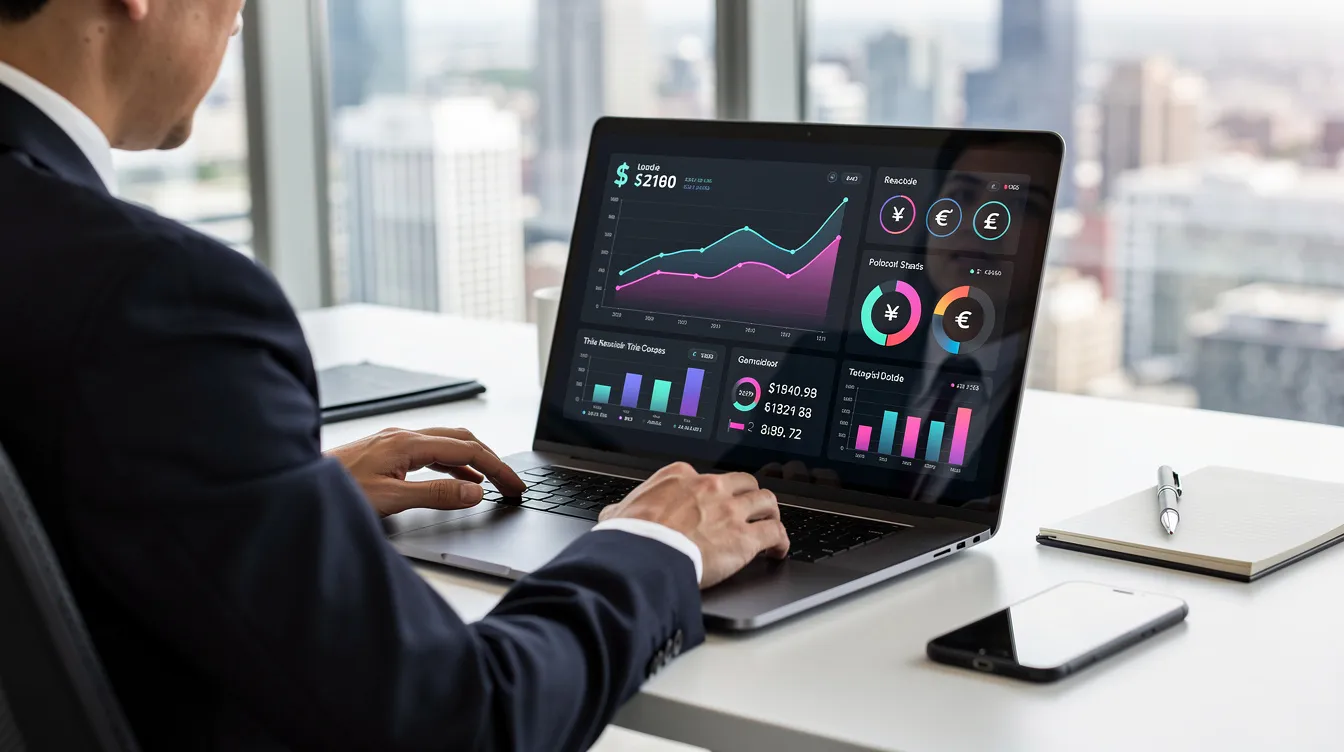 A business professional is focused on reviewing financial dashboards on a laptop, which displays multiple currency symbols and key features related to international payments and expense management tools. The image highlights the importance of managing business finances across multi-currency accounts, essential for small businesses and e-commerce operations.