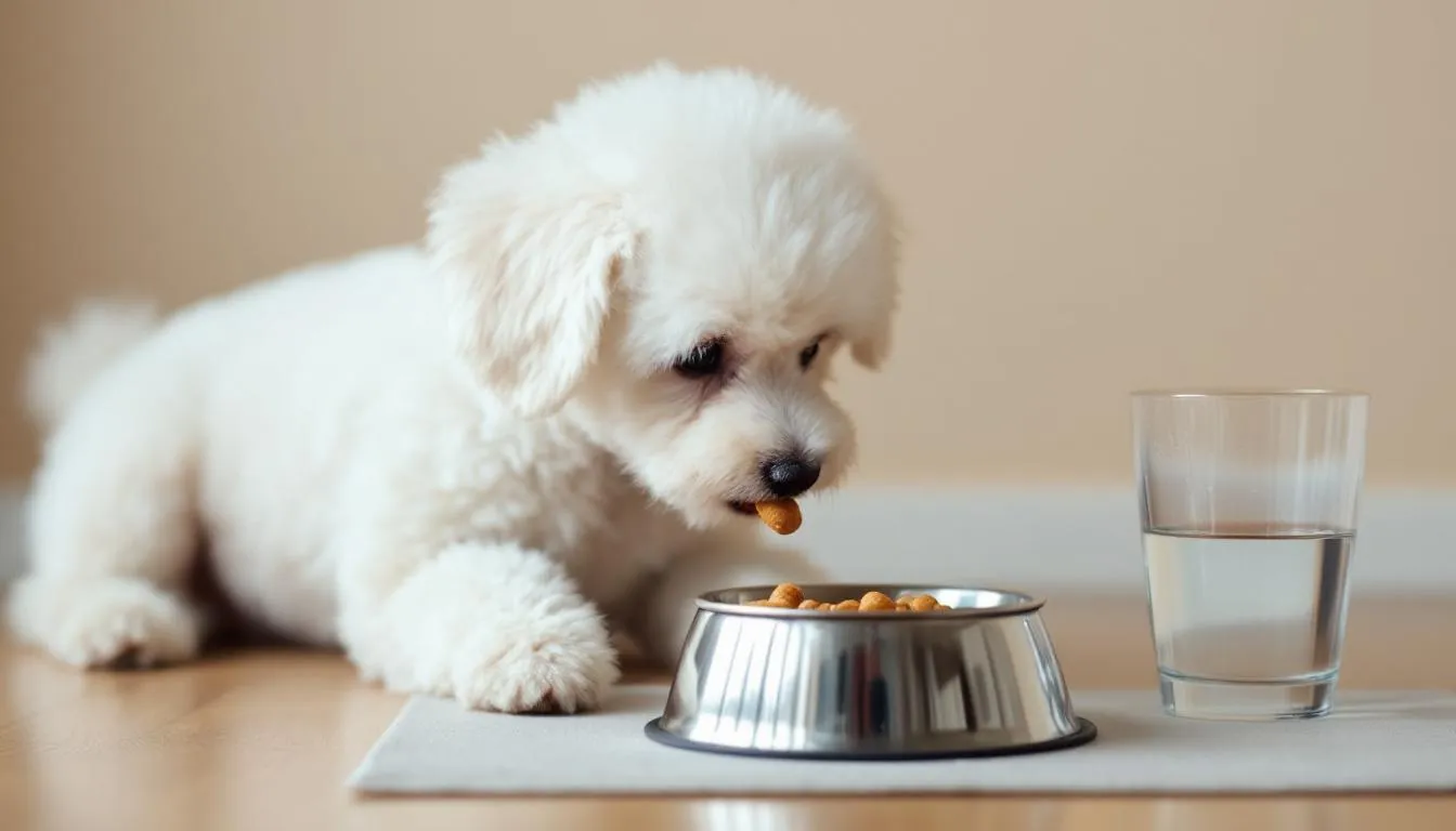 A mini poodle is happily eating from a stainless steel bowl, with fresh water placed nearby, showcasing its curly coat and playful demeanor. This adorable miniature poodle represents the friendly and highly trainable nature of the breed, often seen as a beloved companion dog.