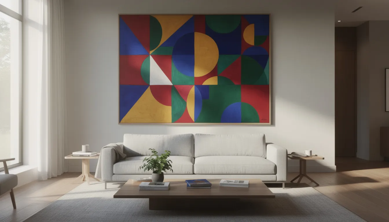An abstract canvas painting featuring bold geometric shapes and rich colors adorns the wall of a modern living room, enhancing the space with its striking artwork. This vibrant piece of wall art adds personality and style, perfectly complementing the contemporary interior design.