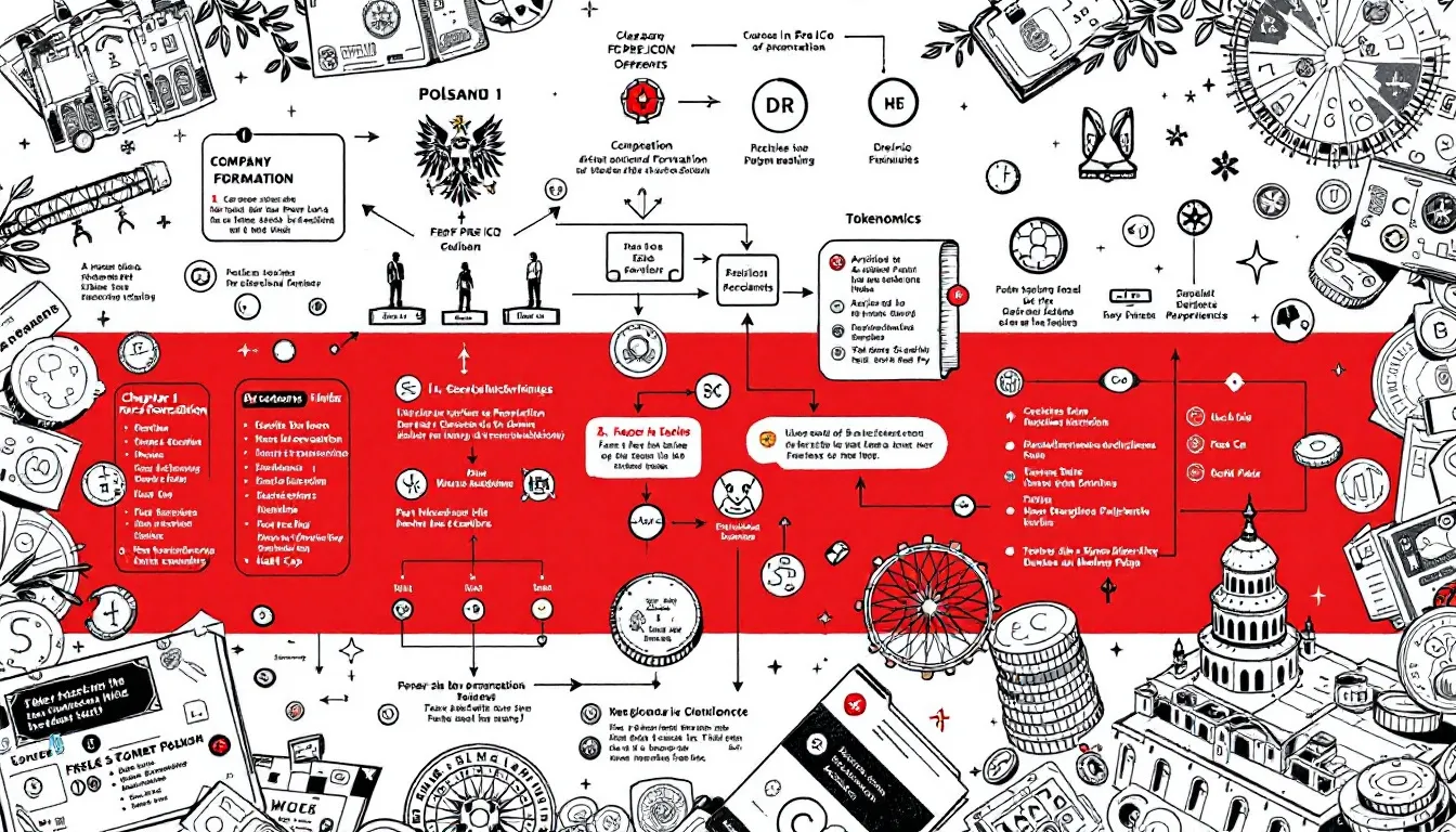 A visual guide to practical steps for launching an ICO in Poland, including company formation aspects.
