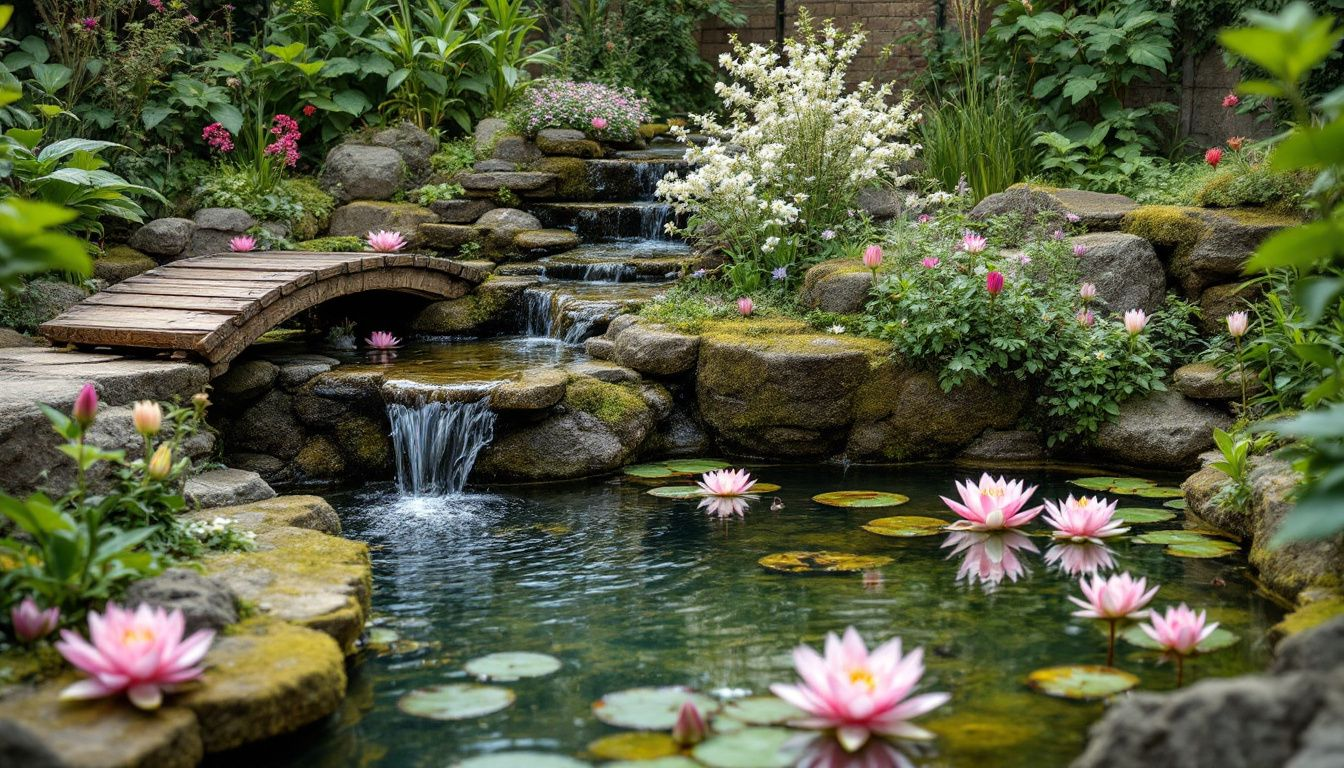 A beautifully designed garden pond with a waterfall and aquatic plants.