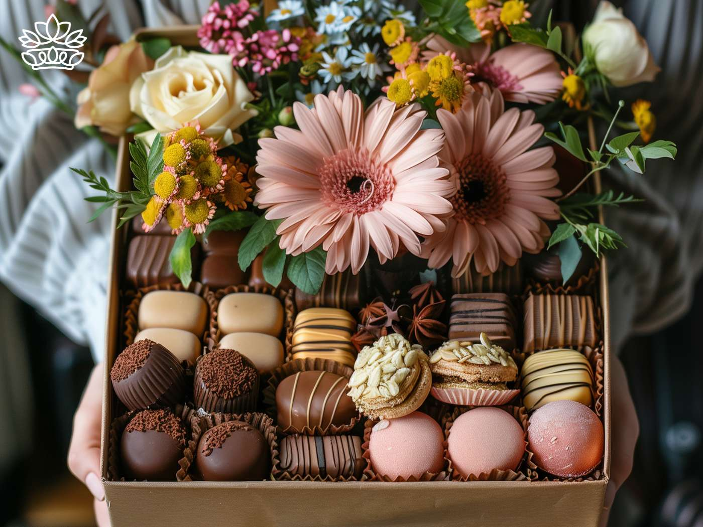 Exquisite Chocolate and Sweets Gift Boxes Collection featuring a large variety of milk chocolates, vanilla macarons, and macadamia biscuits, complemented by Fabulous Flowers and Gifts, perfect for any chocolate lover gift hamper.