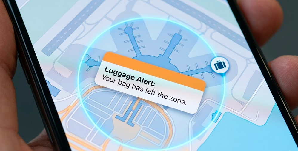 Smartphone showing GPS geofencing alert notification when luggage moves outside airport boundary zone