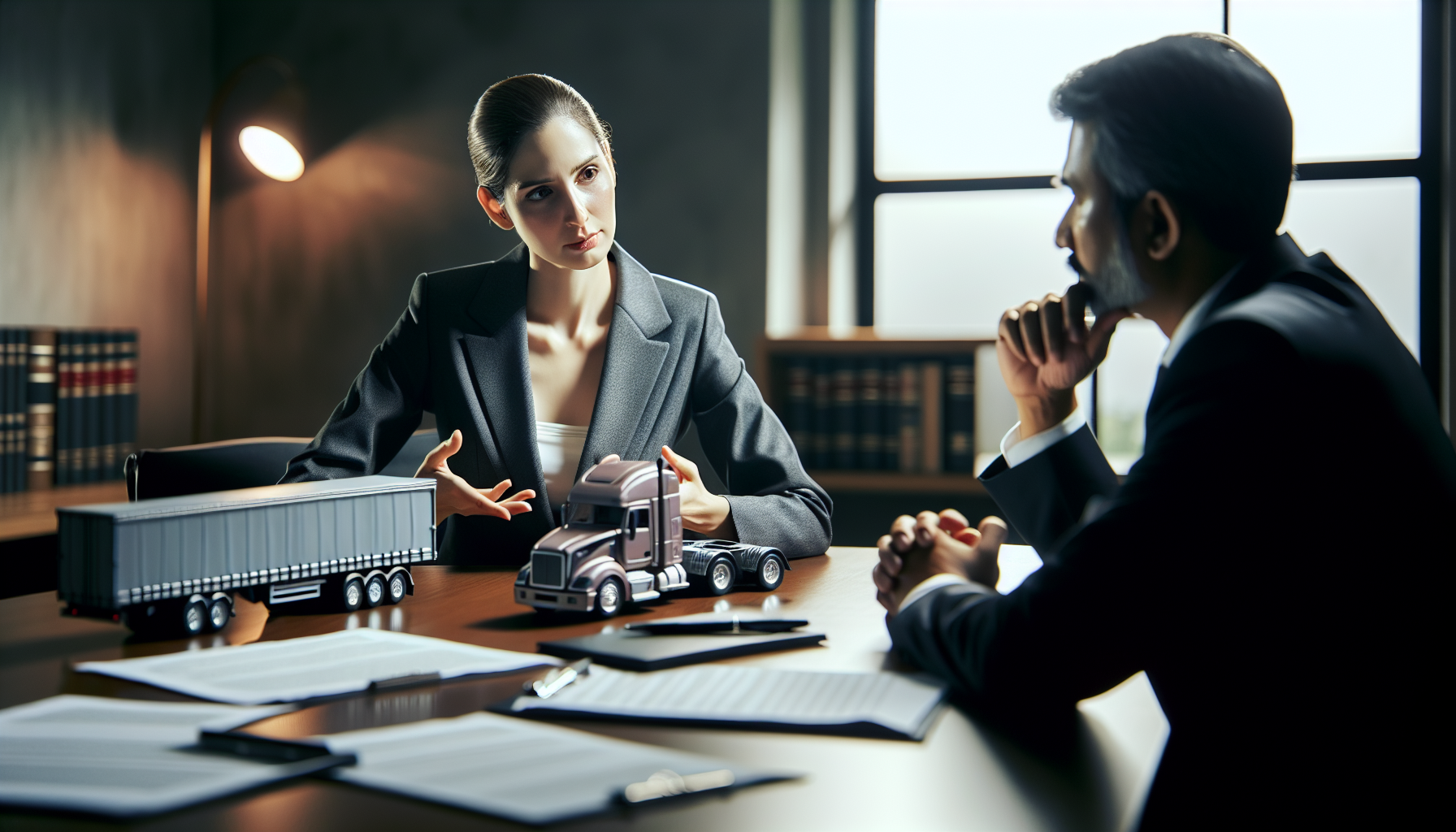 A lawyer discussing a truck accident case with a client.