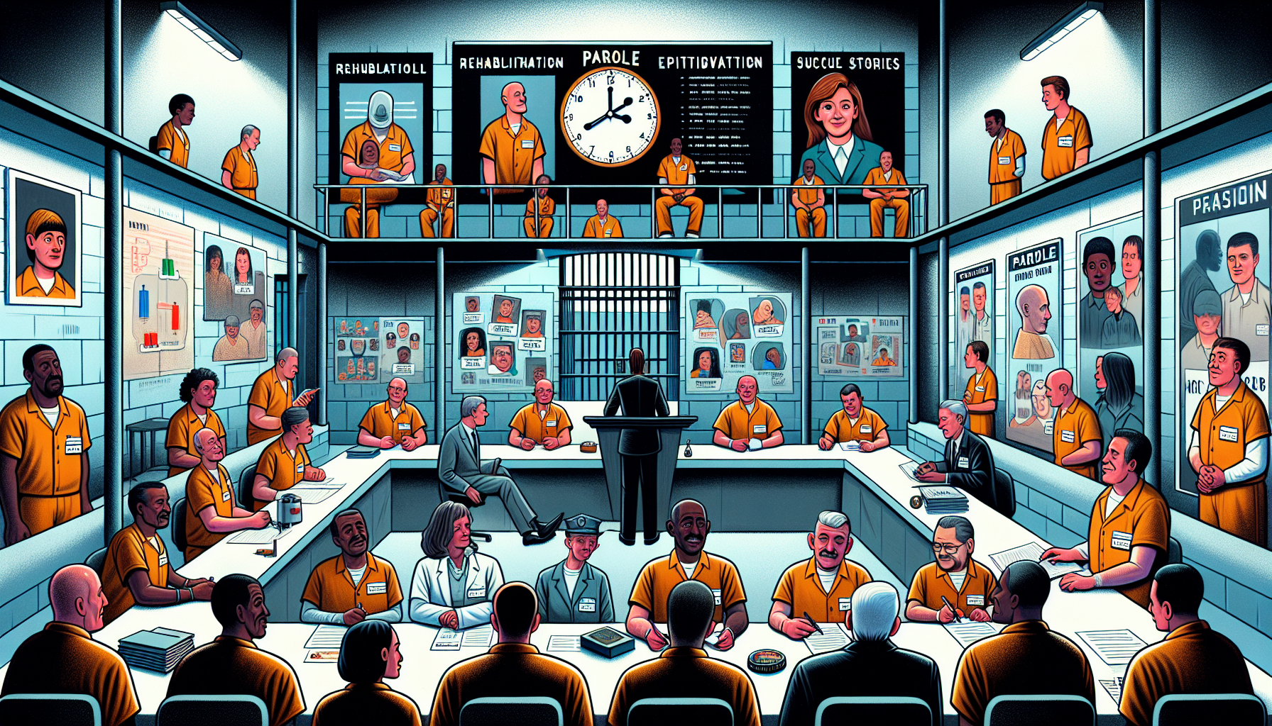 A cartoon illustrating the process of parole eligibility for life sentences in Texas, highlighting the factors considered by the parole board.