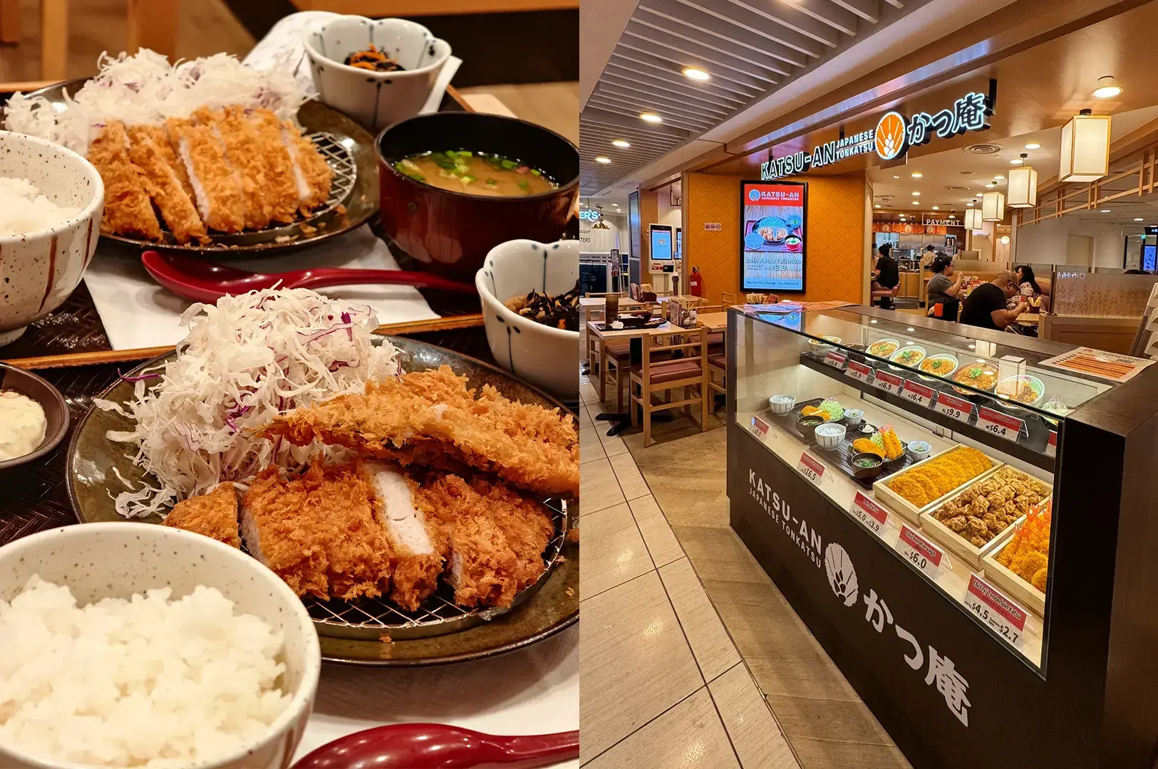 Tonkatsu sets with rice, miso soup, and shredded cabbage alongside the counter and entrance of Katsu-an restaurant.