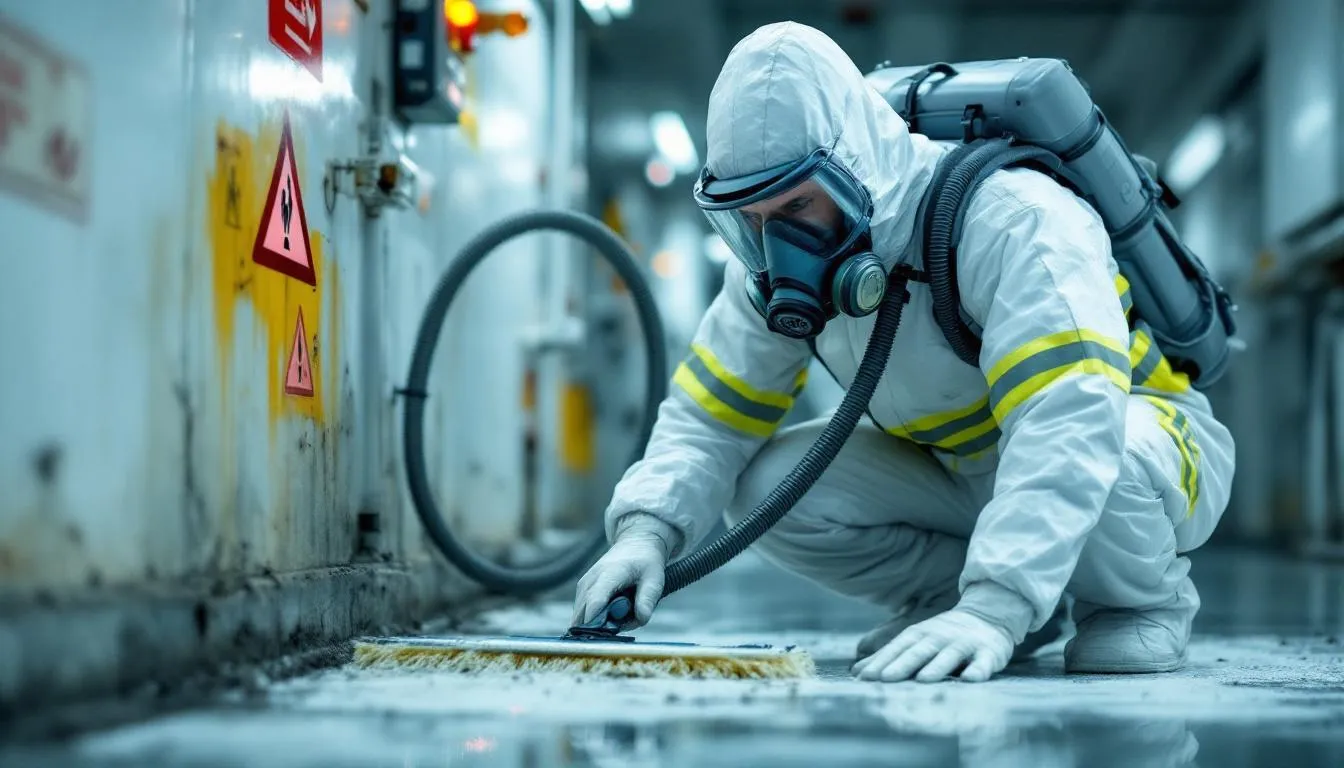 A hazmat-suited technician is seen using specialized breathing equipment while meticulously cleaning a contaminated area, emphasizing the importance of safety and proper procedures in crime scene cleanup. The technician is equipped to handle potentially infectious materials, ensuring public health and safety during the biohazard removal process.