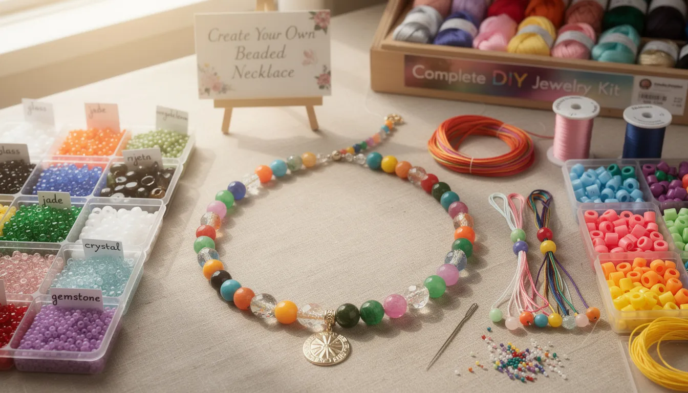 The image depicts a vibrant and colorful collection of various beads, including glass, jade, and semi-precious stones, arranged artistically on a crafting table, showcasing their stunning colors and extensive range. These beads are perfect for creating unique beaded necklaces that reflect personal style and personality, making them an ideal choice for DIY jewelry enthusiasts.