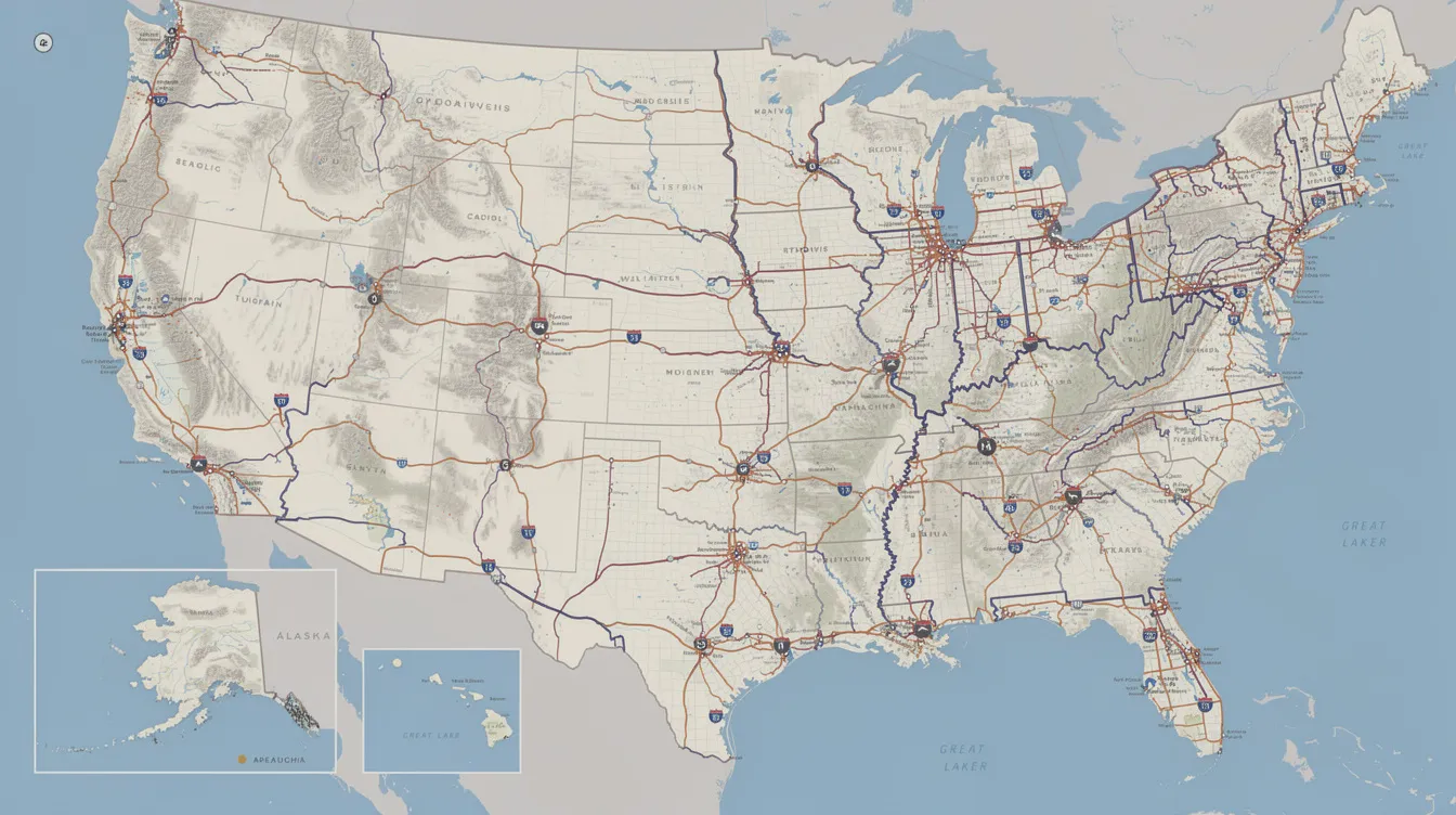 The image depicts a detailed highway map of the United States, highlighting major interstate routes that facilitate vehicle transportation across state lines. This map serves as a useful reference for those considering car shipping services, showcasing key routes that auto transport companies utilize for efficient shipping of vehicles.
