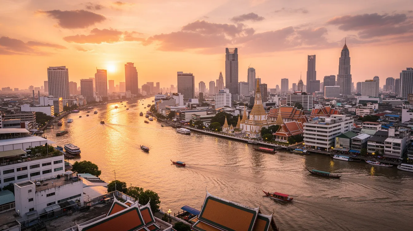 A imagem retrata uma vista deslumbrante de Bangkok, na Tailândia, com arranha-céus modernos em contraste com templos tradicionais, refletindo a rica cultura do país. O cenário é emoldurado por um céu azul claro, proporcionando uma atmosfera vibrante e cheia de vida.
