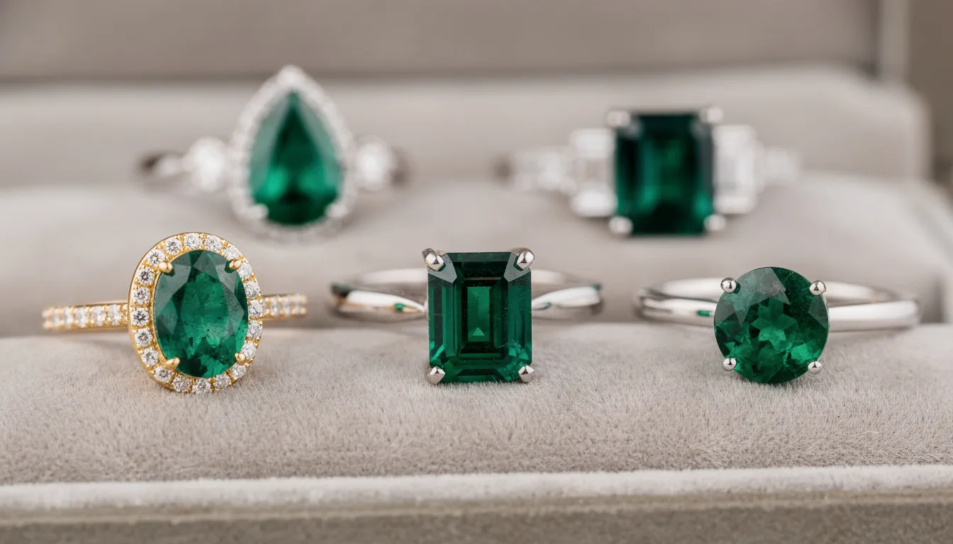 The image showcases a stunning collection of emerald rings featuring real emerald gemstones in various designs, including classic solitaire and intricate multi-stone settings. The vivid green tones of the emeralds, set in yellow gold and platinum, highlight their timeless beauty and rich history, making them a great choice for engagement and special occasion jewellery.