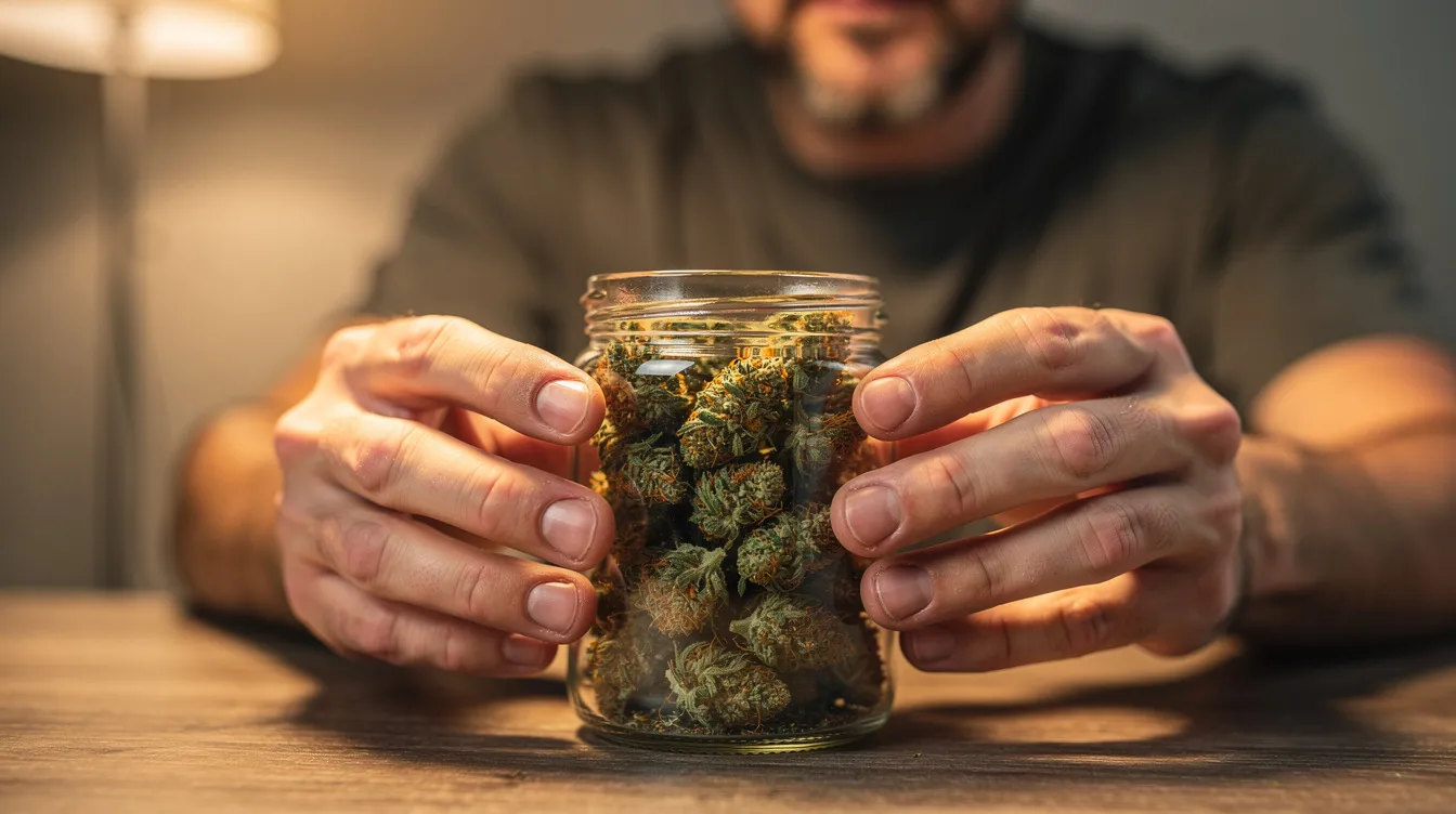 A person is closely examining a small glass jar filled with dried hemp flower, illuminated by warm indoor lighting. This scene highlights the interest in hemp-derived products, particularly in the context of legal regulations surrounding THCA flower and the Mississippi medical cannabis program.
