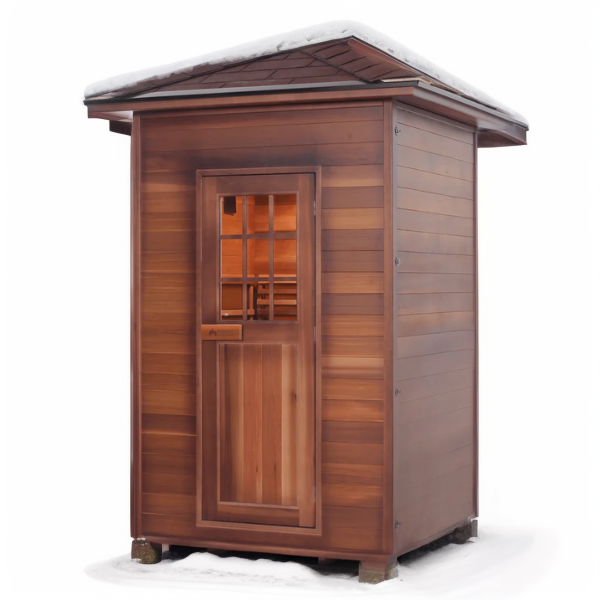 An image of the Enlighten Dry Traditional MoonLight, 2-Person Outdoor Sauna with a snowy background from Airpuria.