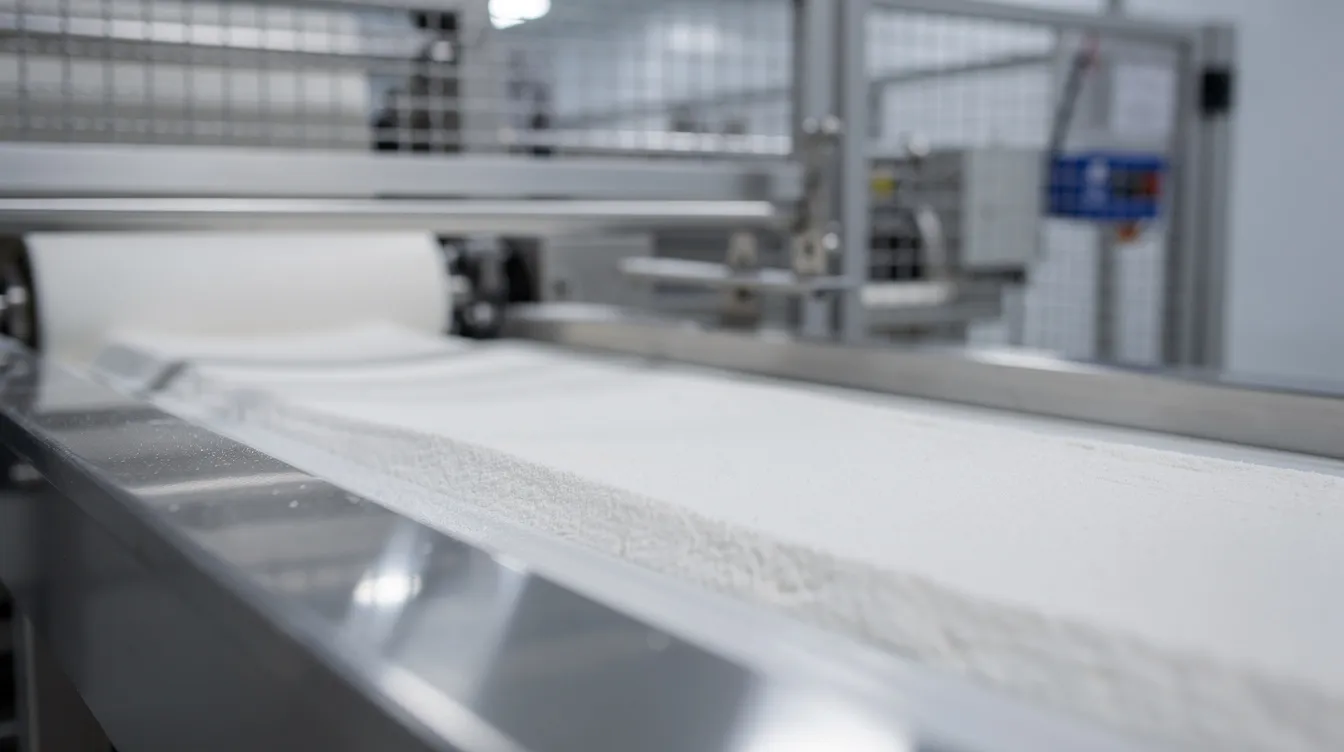 92d8647c 81fd 4a21 9ce8 1619b4cc8580 A close-up view of fine white industrial powder, likely maltodextrin, is shown being processed on a conveyor belt within a modern food manufacturing plant. The image highlights the manufacturing process involving raw materials such as corn starch, emphasizing the production of functional ingredients used in various food applications.