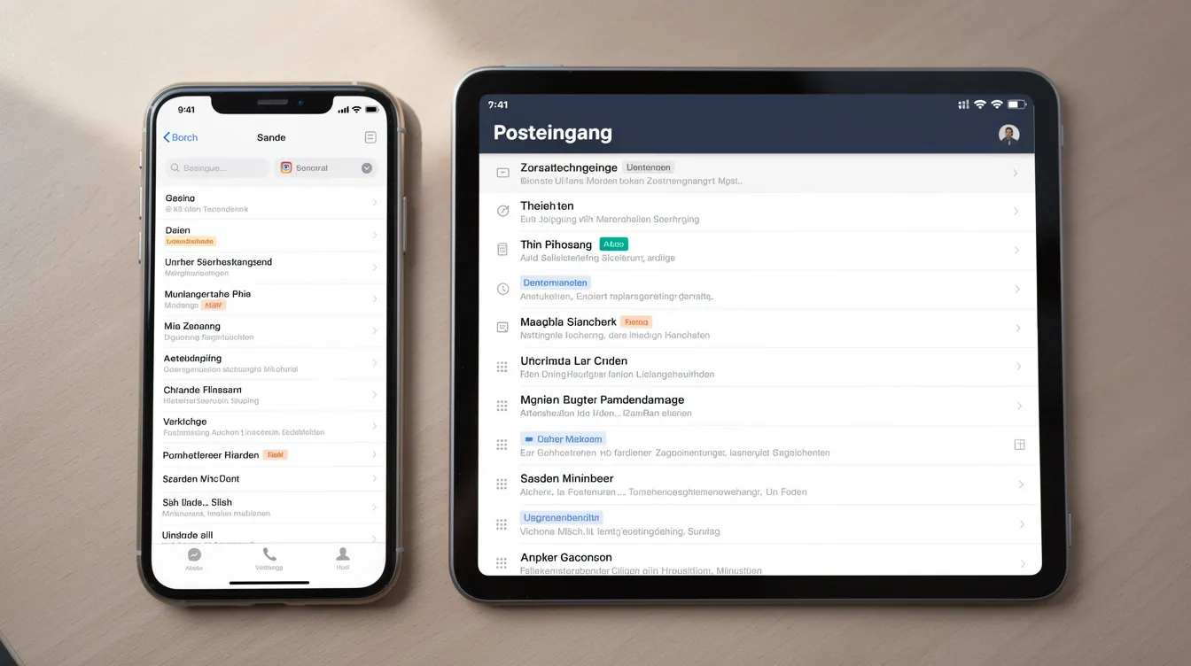 Auf einem Tisch liegen ein Smartphone und ein Tablet nebeneinander, beide zeigen die Benutzeroberfläche einer E-Mail-App mit einem geöffneten Posteingang. Die Geräte sind bereit, um auf Nachrichten zuzugreifen und Informationen auszutauschen.